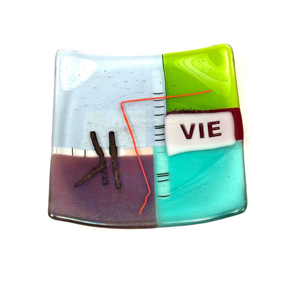 Vintage MCM Art Glass Square Plate Trinket Tray Bright Abstract Colors VIE‎ Life